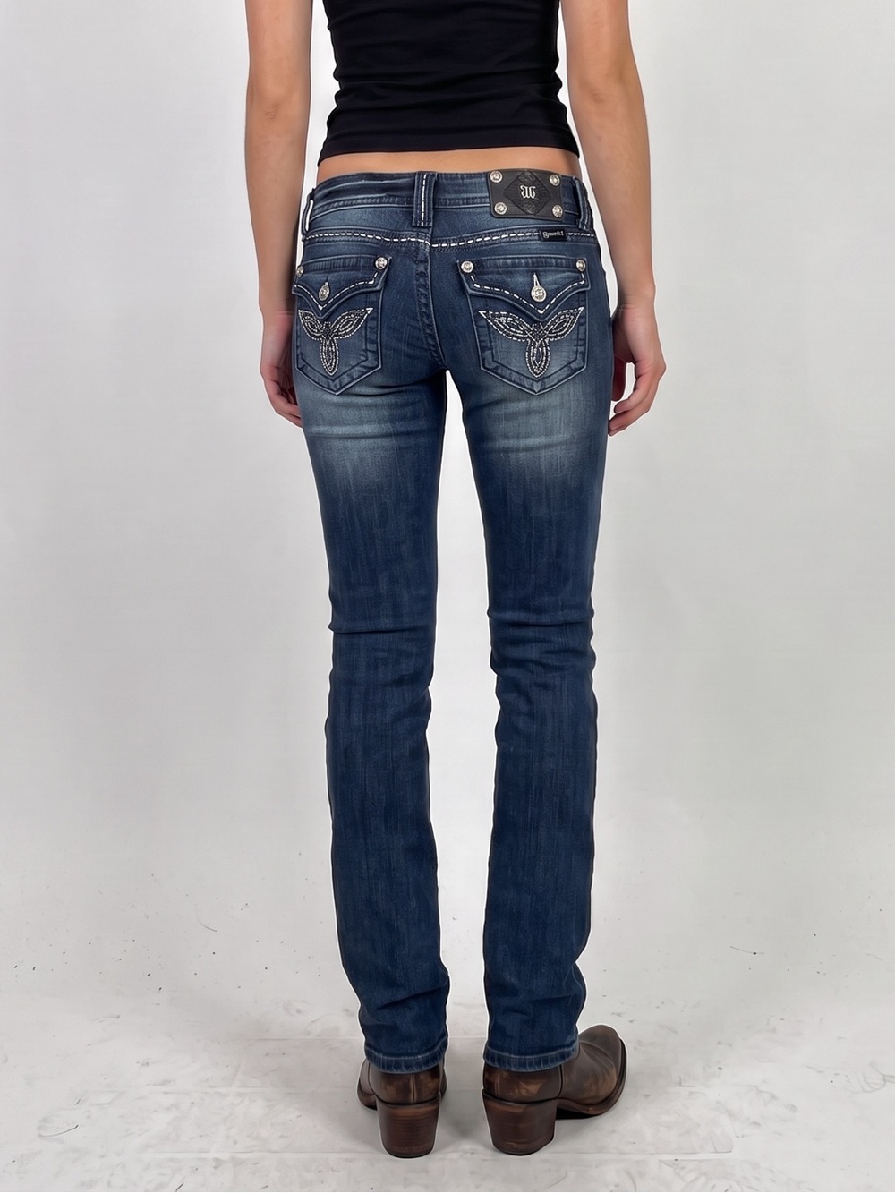 Miss Me Women's LOW RISE Boot Cut Jeans Dark Wash Distress Sz 27 X 34 JW5305B3